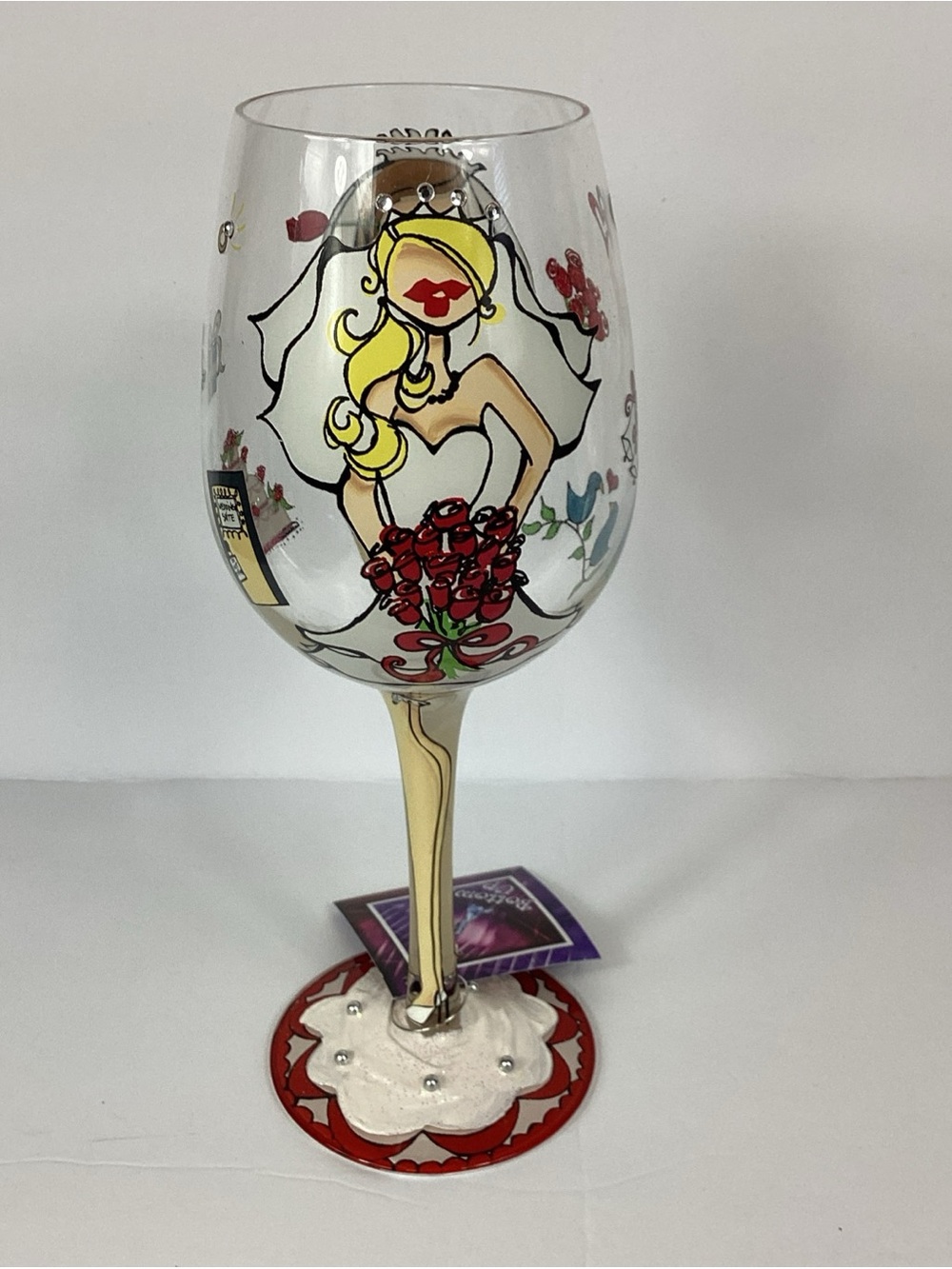 NEW Bride to Be” Bottoms Up Hand - Painted Wine Glass - Red Bouquet 15 oz